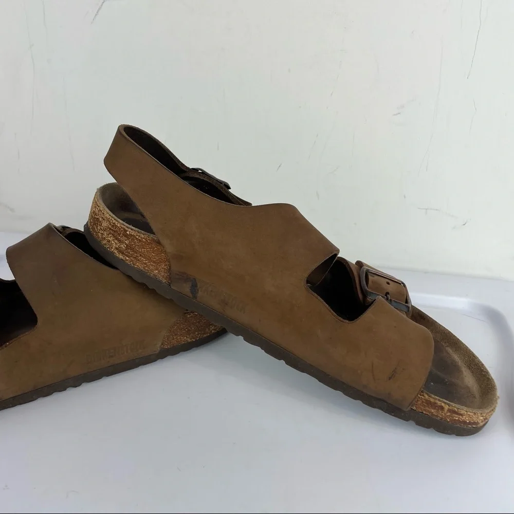 Birkenstock Mens Milano Brown Leather Buckle Straps Slingback Sandals Sz 10 / 43